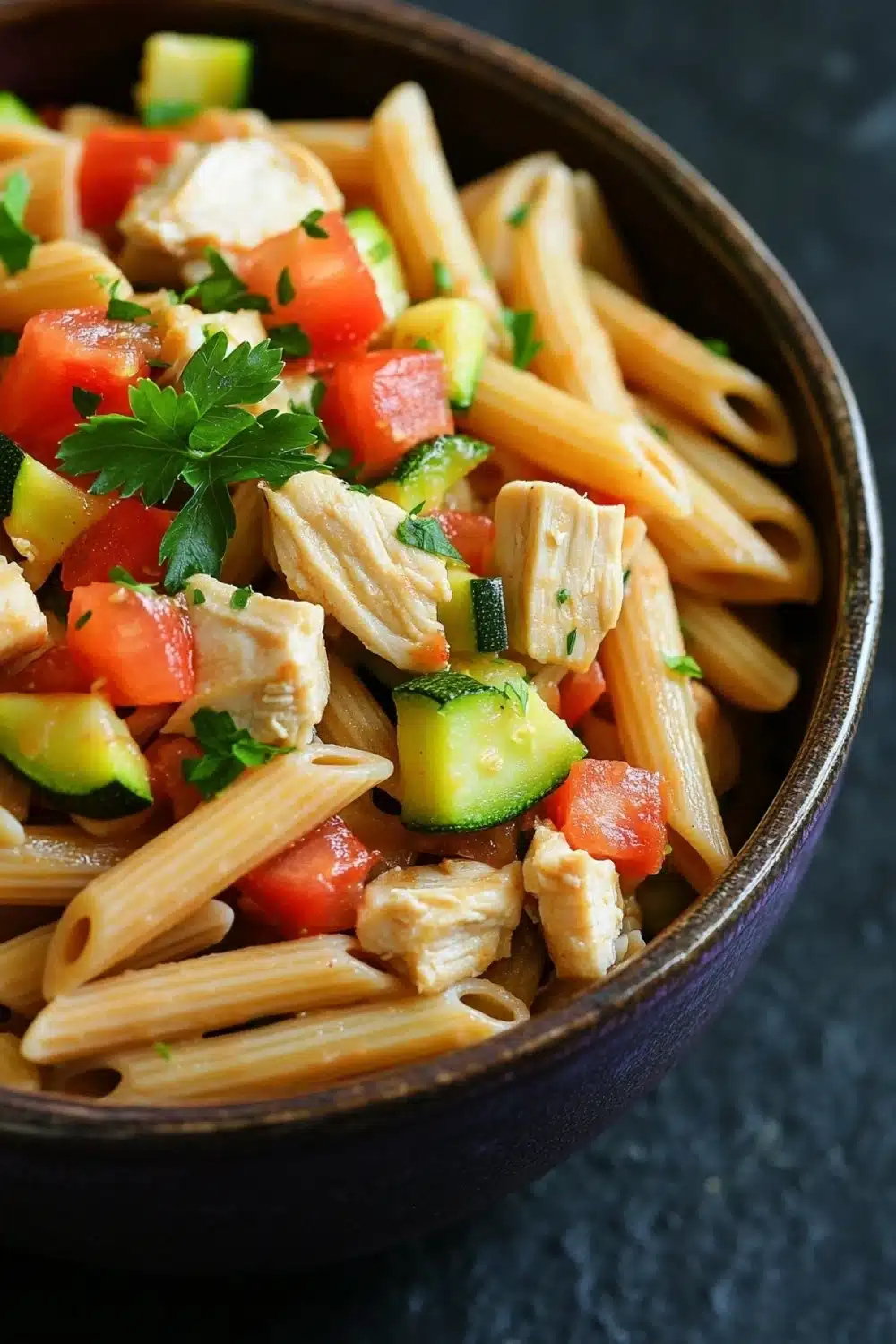 Low calorie chicken pasta - the image is a close-up of a bowl of pasta salad. the bowl is made of dark brown ceramic and is placed on a dark grey countertop. the pasta is long and thin, and it is mixed with diced tomatoes, cucumbers, and chunks of chicken. the salad is garnished with fresh parsley. the colors of the ingredients are vibrant and the dish looks fresh and appetizing.