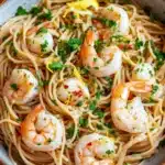 Low calorie shrimp scampi pasta - the image is a close-up of a bowl of pasta dish. the pasta appears to be fettuccine alfredo, with chunks of shrimp scattered throughout. the dish is garnished with chopped parsley and lemon wedges. the bowl is made of ceramic and has a brown rim. the background is a white wooden table.