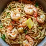Low calorie shrimp scampi pasta - the image is a close-up of a bowl of spaghetti with shrimp and lemon wedges. the spaghetti is cooked al dente and is garnished with chopped parsley. the shrimp are large and pink, and they are arranged in a circular pattern on top of the spaghetti. the dish is served in a light brown bowl with a textured surface. the background is a wooden table.