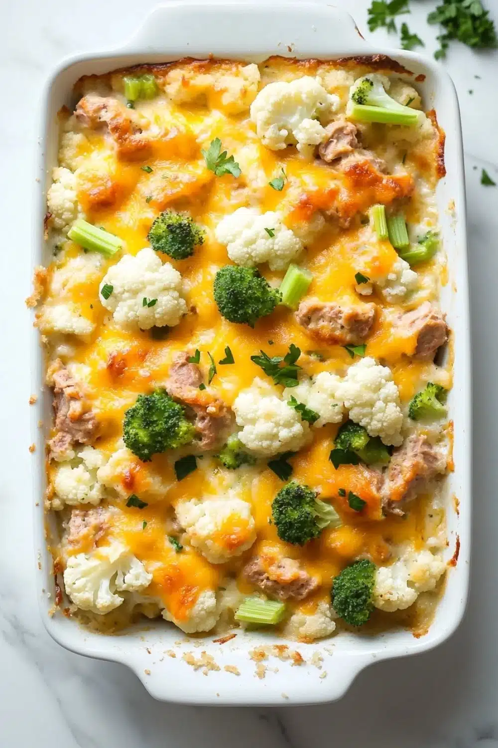 Low carb cheesy tuna casserole - the image shows a white rectangular baking dish filled with a casserole dish. the dish appears to be made with cauliflower, broccoli, and sausage, and is topped with a layer of melted cheese. the cheese is a bright orange color and is spread evenly over the top of the dish. there are also some chopped green onions scattered throughout the dish, adding a pop of color to the dish and giving it a fresh and appetizing appearance. the background is a white marble countertop with a few sprigs of parsley scattered around.