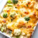 Low carb cheesy tuna casserole - the image is of a casserole dish filled with a creamy, cheesy dish. the dish appears to be made with cauliflower, broccoli, and ham, and is topped with melted cheese and chopped green onions. the cauliflower is white and fluffy, and the broccoli is bright green. the cheese is melted and bubbly, and there are small pieces of ham scattered throughout the dish. it looks like it is ready to be served. the background is a white marble countertop.