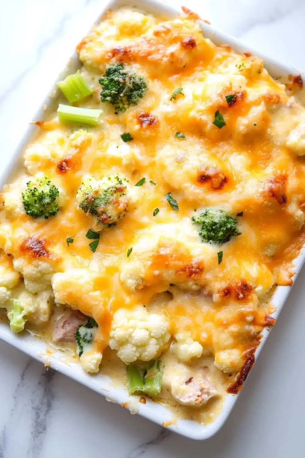 Low carb cheesy tuna casserole - the image is of a casserole dish filled with a creamy, cheesy dish. the dish appears to be made with cauliflower, broccoli, and ham, and is topped with melted cheese and chopped green onions. the cauliflower is white and fluffy, and the broccoli is bright green. the cheese is melted and bubbly, and there are small pieces of ham scattered throughout the dish. it looks like it is ready to be served. the background is a white marble countertop.