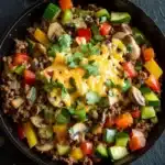 Low carb ground beef for dinner - the image shows a black cast iron skillet filled with a colorful dish. the dish appears to be a mixture of ground beef, diced vegetables, and mushrooms. the ingredients are mixed together with a layer of melted cheese on top. the skillet is garnished with fresh cilantro leaves. the background is a dark grey textured surface.