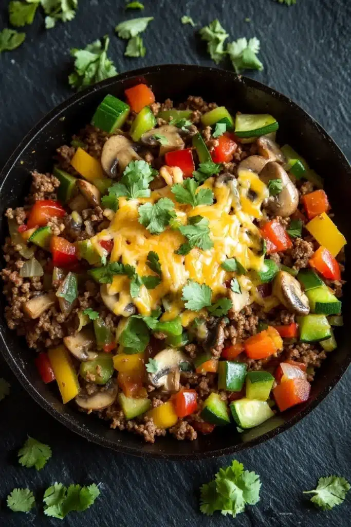 Low carb ground beef for dinner - the image shows a black cast iron skillet filled with a colorful dish. the dish appears to be a mixture of ground beef, diced vegetables, and mushrooms. the ingredients are mixed together with a layer of melted cheese on top. the skillet is garnished with fresh cilantro leaves. the background is a dark grey textured surface.