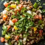 Low carb ground beef for dinner - the image is a close-up of a dish on a black slate plate. the dish appears to be a mixture of ground beef, diced tomatoes, bell peppers, onions, and cilantro. the ingredients are mixed together and are arranged in a circular pattern on the plate. there are also a few sprigs of cilantro scattered around the plate, adding a pop of green color to the dish. the overall appearance is fresh and appetizing.