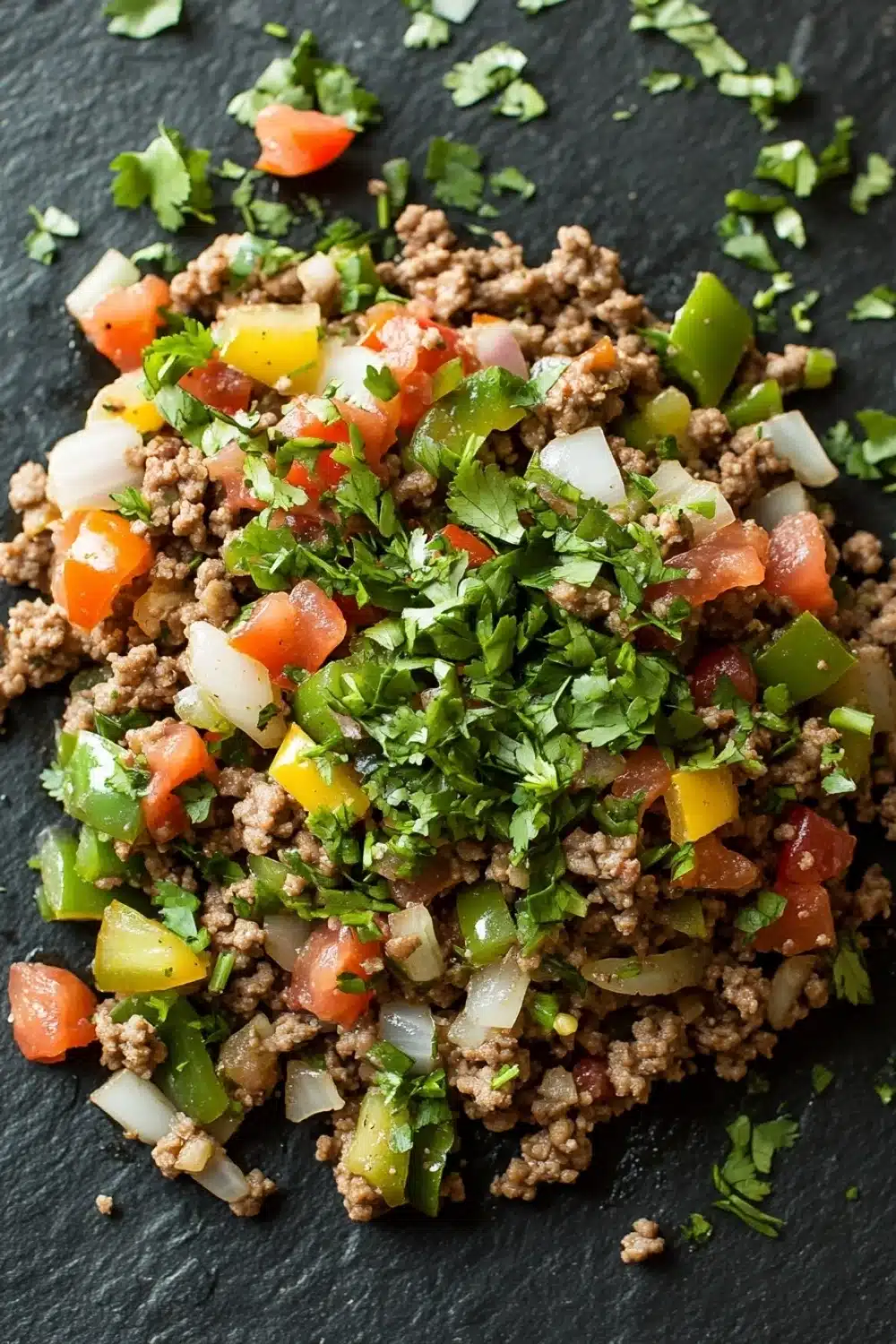 Low carb ground beef for dinner - the image is a close-up of a dish on a black slate plate. the dish appears to be a mixture of ground beef, diced tomatoes, bell peppers, onions, and cilantro. the ingredients are mixed together and are arranged in a circular pattern on the plate. there are also a few sprigs of cilantro scattered around the plate, adding a pop of green color to the dish. the overall appearance is fresh and appetizing.