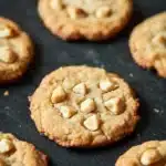 Macadamia nut shortbread cookie - the image shows a group of freshly baked peanut butter cookies on a black baking sheet. the cookies are round and golden brown in color, with small white peanuts scattered throughout. they are arranged in a scattered manner, with some overlapping each other. the background is blurred, but it appears to be a kitchen countertop. the overall mood of the image is warm and inviting.