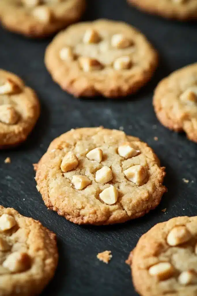 Macadamia nut shortbread cookie - the image shows a group of freshly baked peanut butter cookies on a black baking sheet. the cookies are round and golden brown in color, with small white peanuts scattered throughout. they are arranged in a scattered manner, with some overlapping each other. the background is blurred, but it appears to be a kitchen countertop. the overall mood of the image is warm and inviting.