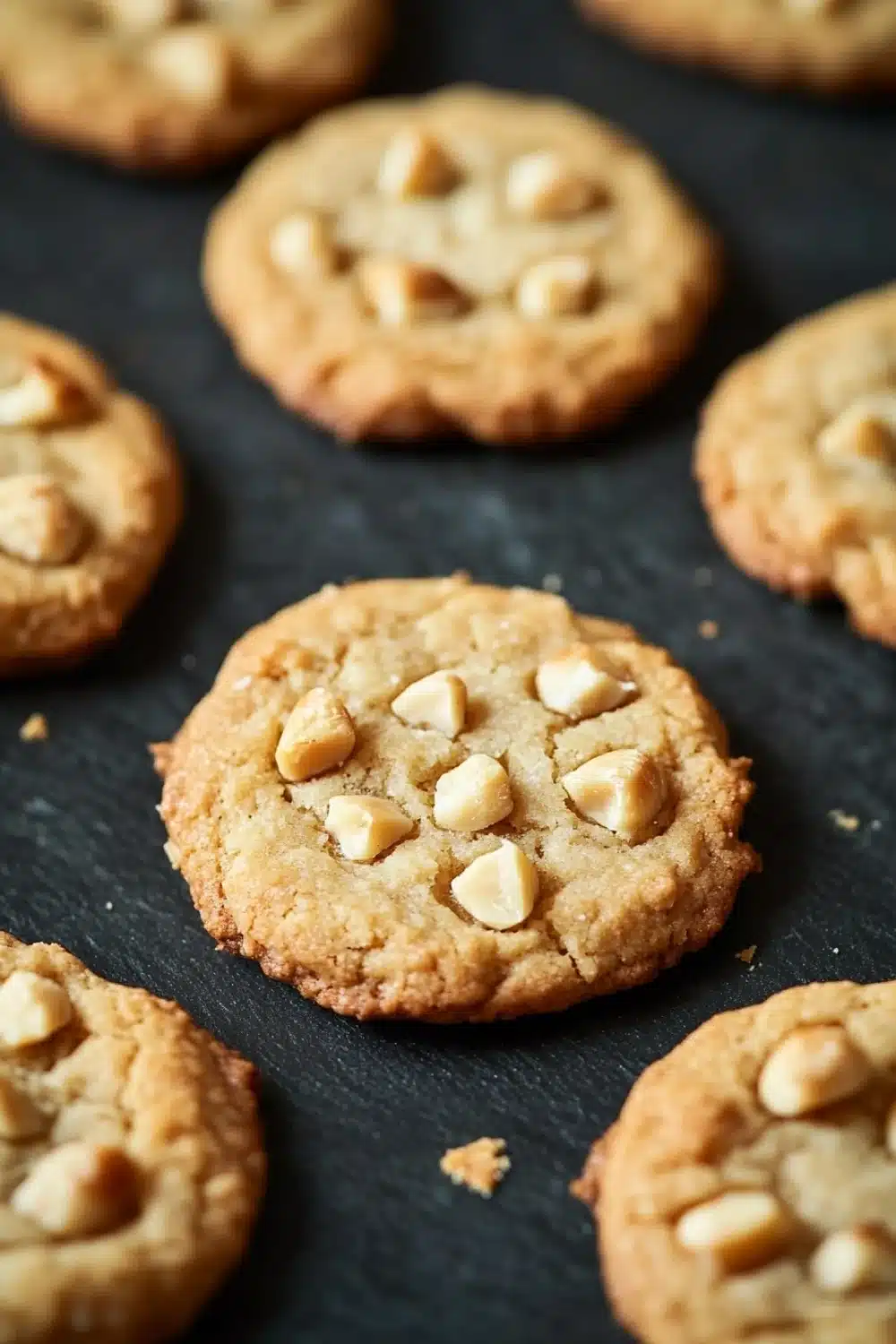 Macadamia nut shortbread cookie - the image shows a group of freshly baked peanut butter cookies on a black baking sheet. the cookies are round and golden brown in color, with small white peanuts scattered throughout. they are arranged in a scattered manner, with some overlapping each other. the background is blurred, but it appears to be a kitchen countertop. the overall mood of the image is warm and inviting.