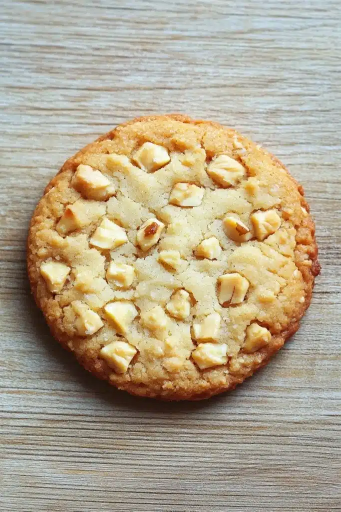 Macadamia nut shortbread cookie - the image is a close-up of a round cookie on a wooden surface. the cookie appears to be freshly baked and has a golden-brown color. it is covered in small chunks of white chocolate chips, which are arranged in a criss-cross pattern on top of the cookie. the chips are evenly distributed throughout the cookie, creating a textured appearance. the background is a light-colored wooden surface, which contrasts with the warm tones of the wood.