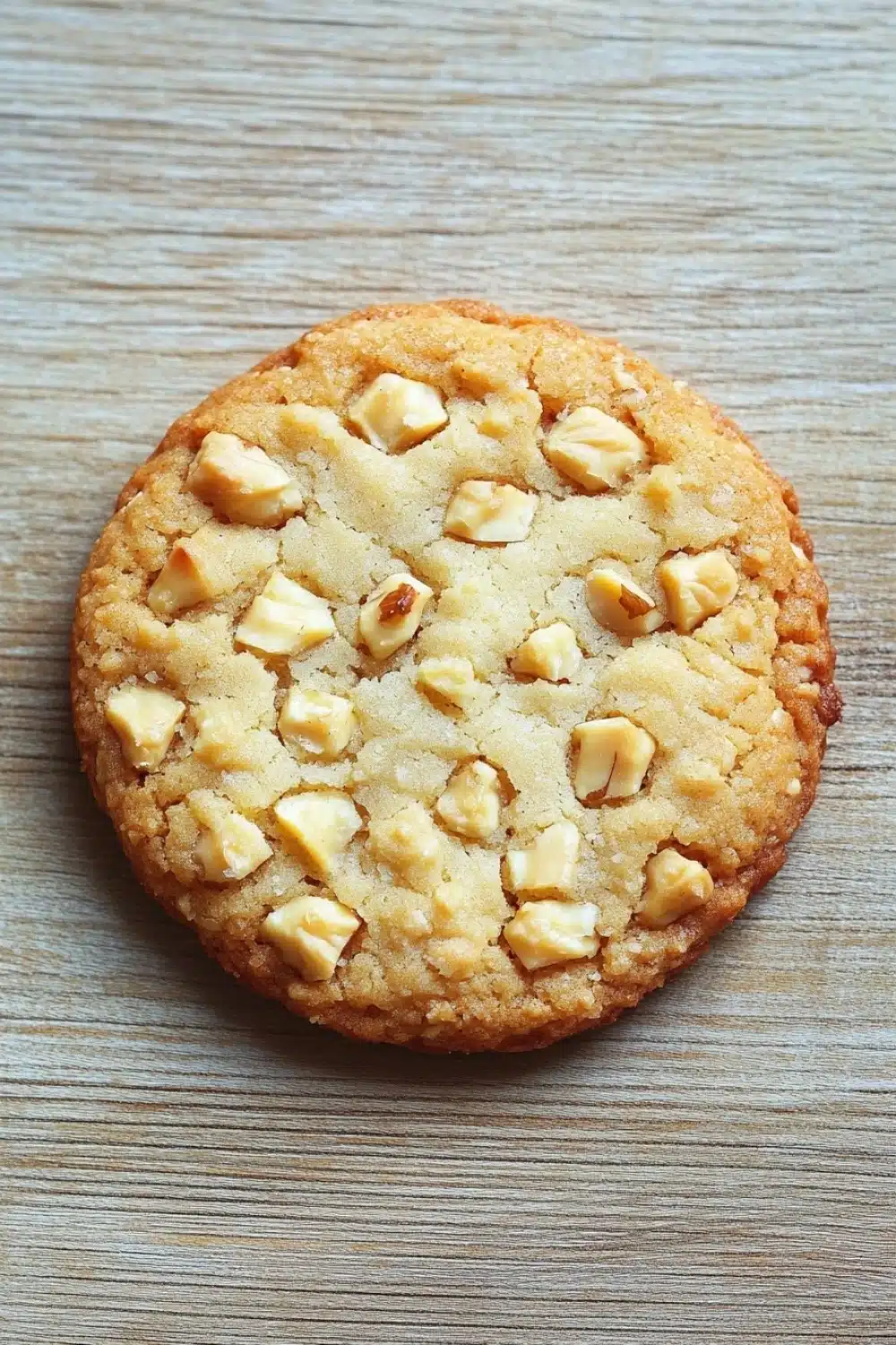Macadamia nut shortbread cookie - the image is a close-up of a round cookie on a wooden surface. the cookie appears to be freshly baked and has a golden-brown color. it is covered in small chunks of white chocolate chips, which are arranged in a criss-cross pattern on top of the cookie. the chips are evenly distributed throughout the cookie, creating a textured appearance. the background is a light-colored wooden surface, which contrasts with the warm tones of the wood.