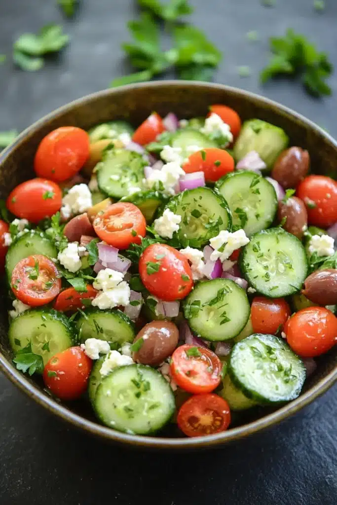 Mediterranean salad cucumber - the image is a close-up of a colorful salad in a large bowl. the salad is made up of sliced cucumbers, cherry tomatoes, red onions, and feta cheese. the cucumbers are cut into thin slices and are arranged in a circular pattern. the tomatoes are bright red and appear to be ripe and juicy. the red onions are scattered throughout the salad, adding a pop of color and texture. the feta is crumbled and adds a creamy texture to the dish. the bowl is sitting on a dark grey surface, and there are a few sprigs of parsley scattered around the bowl.