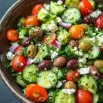 Mediterranean salad cucumber - the image is a close-up of a colorful salad in a wooden bowl. the salad is made up of sliced cucumbers, cherry tomatoes, olives, red onions, and feta cheese. the cucumbers are cut into thin slices and are arranged in a circular pattern. the tomatoes are bright red and appear to be ripe and juicy. the olives are dark red and are scattered throughout the salad. the feta is crumbled and adds a creamy texture to the dish. the bowl is garnished with fresh parsley leaves, adding a pop of green color to the overall presentation. the background is dark, making the colors of the salad stand out even more.