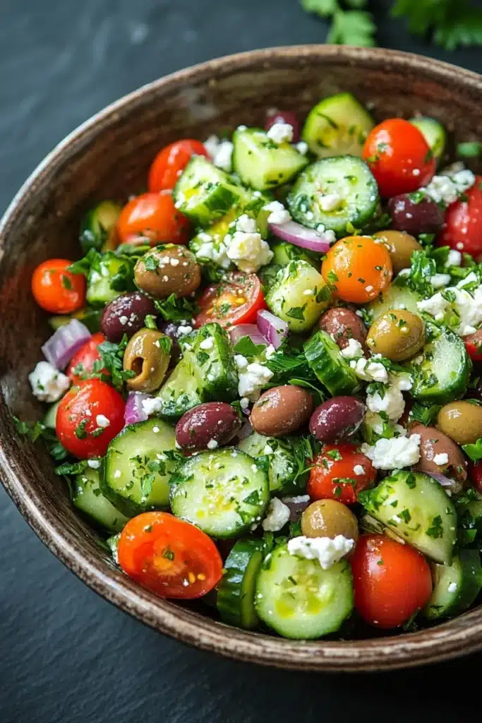 Mediterranean salad cucumber - the image is a close-up of a colorful salad in a wooden bowl. the salad is made up of sliced cucumbers, cherry tomatoes, olives, red onions, and feta cheese. the cucumbers are cut into thin slices and are arranged in a circular pattern. the tomatoes are bright red and appear to be ripe and juicy. the olives are dark red and are scattered throughout the salad. the feta is crumbled and adds a creamy texture to the dish. the bowl is garnished with fresh parsley leaves, adding a pop of green color to the overall presentation. the background is dark, making the colors of the salad stand out even more.