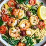 Mediterranean shrimp orzo skillet - the image is a close-up of a plate of pasta salad. the pasta appears to be fusilli, which is a type of italian pasta, and is mixed with various ingredients such as shrimp, cherry tomatoes, olives, and spinach. the dish is garnished with a slice of lemon and a sprig of parsley. the plate is sitting on a white marble countertop. the colors of the ingredients are vibrant and the dish looks fresh and appetizing.