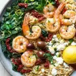 Mediterranean shrimp orzo skillet - the image is a close-up of a bowl of pasta salad. the pasta is fusilli, which is a type of spiral pasta, and is mixed with various ingredients such as shrimp, spinach, red chili peppers, olives, and feta cheese. the dish is garnished with a lemon wedge and a sprinkle of herbs. the bowl is sitting on a wooden table.