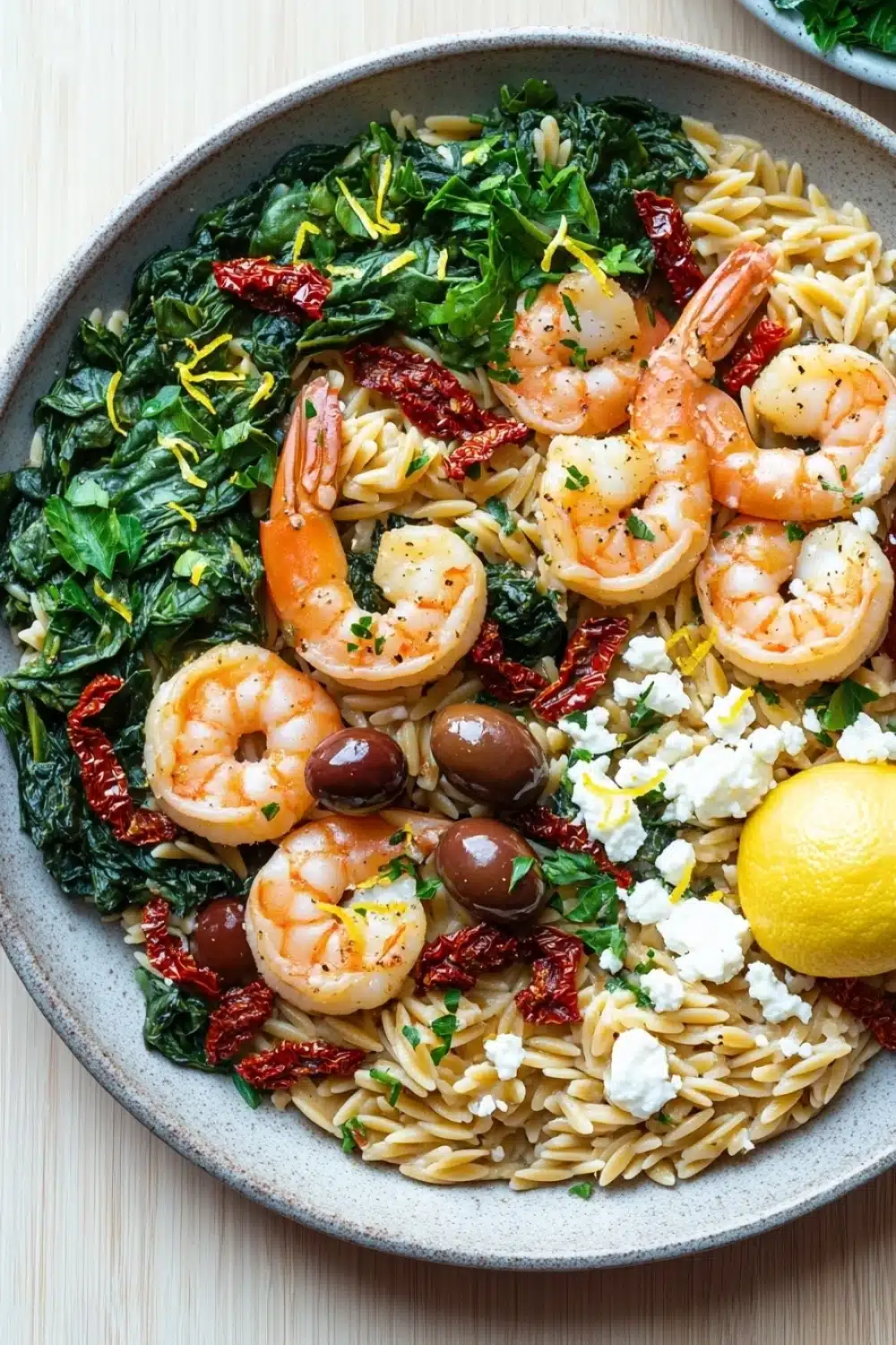 Mediterranean shrimp orzo skillet - the image is a close-up of a bowl of pasta salad. the pasta is fusilli, which is a type of spiral pasta, and is mixed with various ingredients such as shrimp, spinach, red chili peppers, olives, and feta cheese. the dish is garnished with a lemon wedge and a sprinkle of herbs. the bowl is sitting on a wooden table.