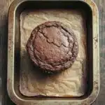 Muffin cacao e yogurt - the image shows a freshly baked chocolate muffin in a rectangular baking tray. the muffin is golden brown in color and has a crumbly texture on top. it is placed on a piece of parchment paper, which is resting on a wooden surface. the tray is lined with parchment paper and appears to be old and weathered. the background is blurred, but it seems to be a rustic wooden table.