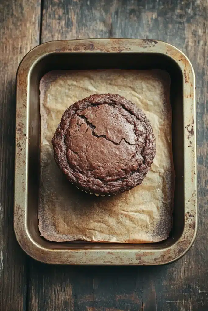 Muffin cacao e yogurt - the image shows a freshly baked chocolate muffin in a rectangular baking tray. the muffin is golden brown in color and has a crumbly texture on top. it is placed on a piece of parchment paper, which is resting on a wooden surface. the tray is lined with parchment paper and appears to be old and weathered. the background is blurred, but it seems to be a rustic wooden table.
