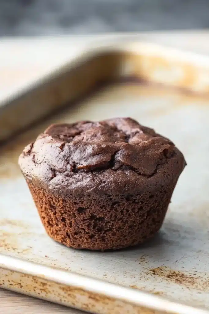 Muffin cacao e yogurt - the image shows a freshly baked chocolate muffin on a baking tray. the muffin is round and has a golden brown color. it appears to be moist and fluffy, with a crumbly texture on top. the tray is lined with parchment paper and there is a dusting of powdered sugar on the surface. the background is blurred, but it seems to be a kitchen countertop.