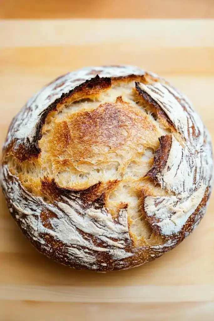 No knead bread new york times - the image is a close-up of a freshly baked loaf of bread on a wooden cutting board. the bread appears to be freshly baked, with a golden brown crust and a soft, fluffy interior. the edges of the bread are slightly frayed, indicating that it has been freshly baked. the loaf is sitting on a light-colored surface, possibly a table or countertop. the background is blurred, making the bread the focal point of the image.