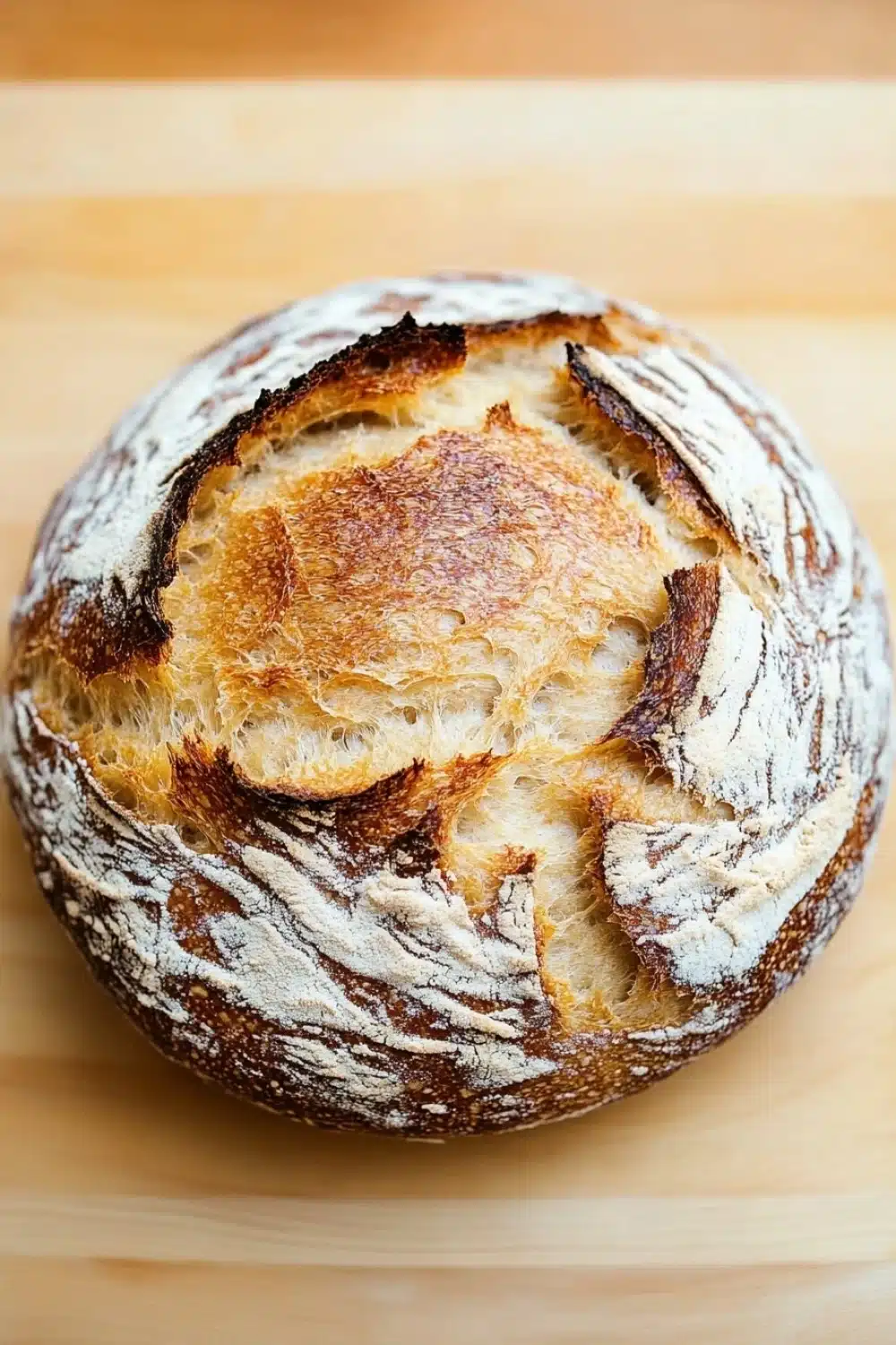 No knead bread new york times - the image is a close-up of a freshly baked loaf of bread on a wooden cutting board. the bread appears to be freshly baked, with a golden brown crust and a soft, fluffy interior. the edges of the bread are slightly frayed, indicating that it has been freshly baked. the loaf is sitting on a light-colored surface, possibly a table or countertop. the background is blurred, making the bread the focal point of the image.