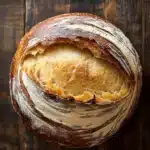No knead bread new york times - the image is a close-up of a round loaf of bread on a wooden surface. the bread appears to be freshly baked and has a golden brown crust on top. the inside of the bread is visible, with a soft, fluffy interior. the edges of the crust are slightly curled, giving the bread a textured appearance. the wooden surface has a rustic, weathered look, with visible grain and knots. the overall mood of the image is warm and inviting.