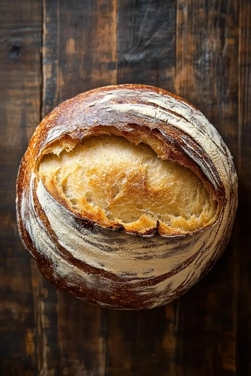 No knead bread new york times - the image is a close-up of a round loaf of bread on a wooden surface. the bread appears to be freshly baked and has a golden brown crust on top. the inside of the bread is visible, with a soft, fluffy interior. the edges of the crust are slightly curled, giving the bread a textured appearance. the wooden surface has a rustic, weathered look, with visible grain and knots. the overall mood of the image is warm and inviting.