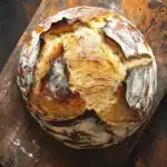 No knead bread with yogurt - the image is a close-up of a freshly baked loaf of bread on a wooden cutting board. the bread appears to be freshly baked, with a golden brown crust and a soft, fluffy interior. the edges of the bread are slightly frayed, indicating that it has been baked in the oven. the cutting board is weathered and has a rustic, weathered appearance. the background is dark and out of focus, making the bread the focal point of the image.