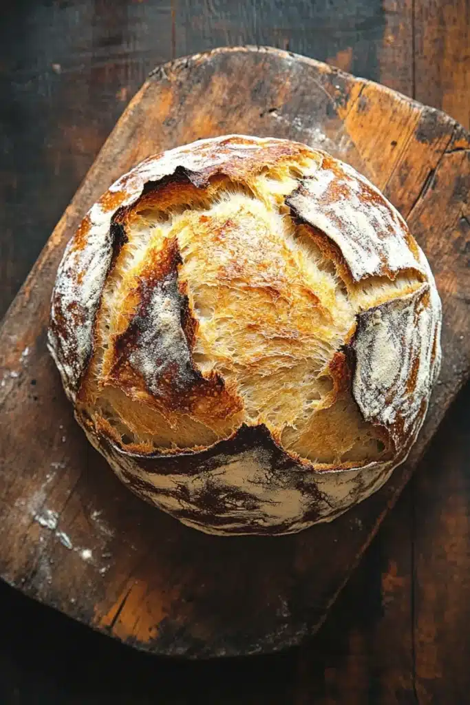 No knead bread with yogurt - the image is a close-up of a freshly baked loaf of bread on a wooden cutting board. the bread appears to be freshly baked, with a golden brown crust and a soft, fluffy interior. the edges of the bread are slightly frayed, indicating that it has been baked in the oven. the cutting board is weathered and has a rustic, weathered appearance. the background is dark and out of focus, making the bread the focal point of the image.
