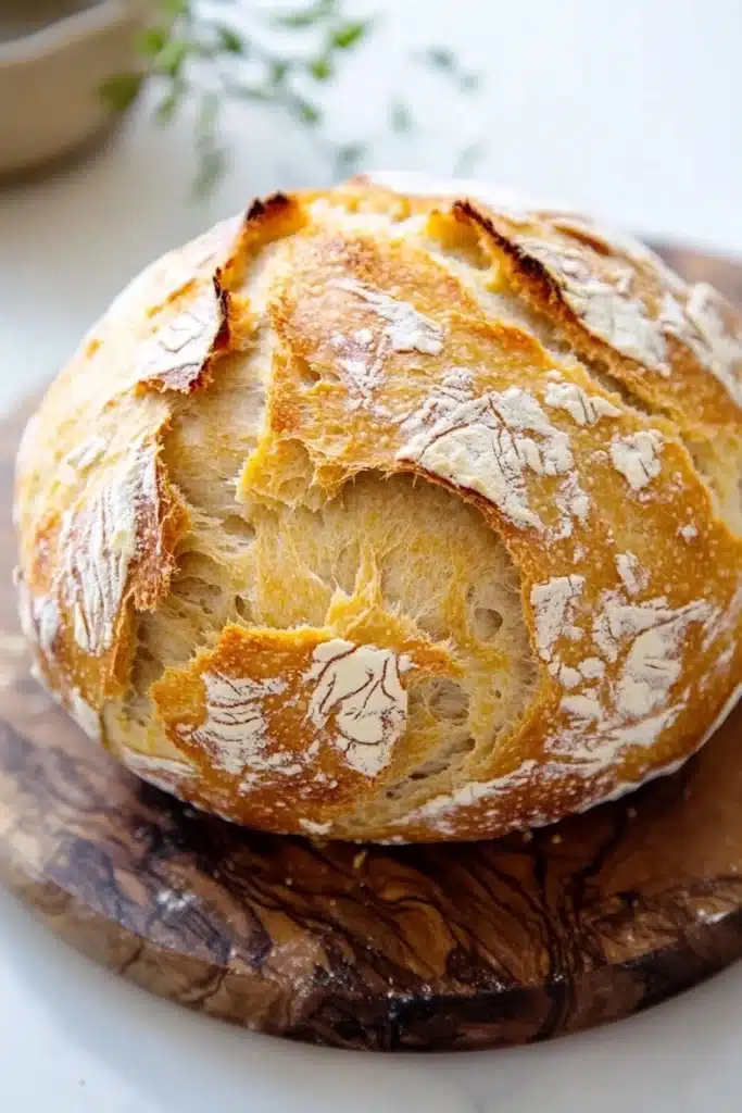No knead bread with yogurt - the image shows a round loaf of bread on a wooden cutting board. the bread appears to be freshly baked and has a golden brown crust on top. the inside of the bread is covered in a light dusting of powdered sugar, giving it a textured appearance. the cutting board is placed on a white countertop with a small bowl of herbs in the background. the overall mood of the image is rustic and homey.