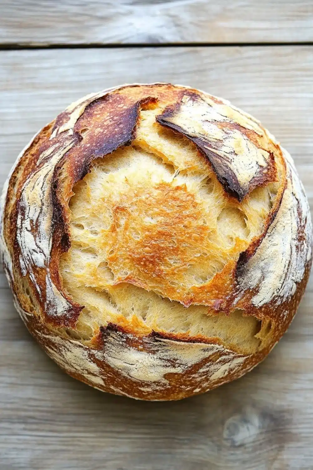 No knead dutch oven bread - the image is a close-up of a round loaf of bread on a wooden surface. the bread appears to be freshly baked and has a golden brown crust on top. the inside of the bread is visible, with a layer of melted cheese oozing out of it. the cheese is a light yellow color and looks like it has been cooked to perfection. the loaf is resting on a light-colored wooden surface, which contrasts nicely with the warm tones of the wood. the overall mood of the image is rustic and cozy.
