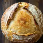 No knead dutch oven bread - the image is a close-up of a freshly baked loaf of bread on a wooden surface. the bread appears to be freshly baked, with a golden-brown crust and a soft, fluffy interior. the edges of the bread are slightly curled, indicating that it has been freshly baked. the loaf is resting on a dark wooden table, and the background is blurred, making the bread the focal point of the image.