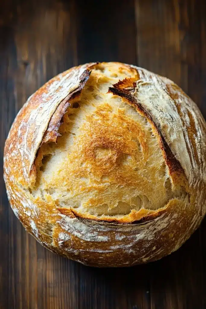 No knead dutch oven bread - the image is a close-up of a freshly baked loaf of bread on a wooden surface. the bread appears to be freshly baked, with a golden-brown crust and a soft, fluffy interior. the edges of the bread are slightly curled, indicating that it has been freshly baked. the loaf is resting on a dark wooden table, and the background is blurred, making the bread the focal point of the image.
