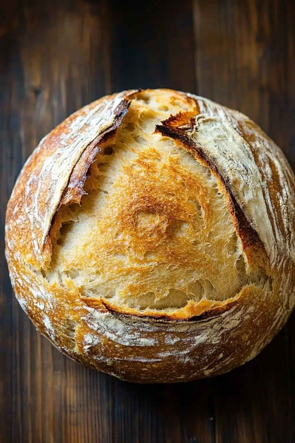No knead dutch oven bread - the image is a close-up of a freshly baked loaf of bread on a wooden surface. the bread appears to be freshly baked, with a golden-brown crust and a soft, fluffy interior. the edges of the bread are slightly curled, indicating that it has been freshly baked. the loaf is resting on a dark wooden table, and the background is blurred, making the bread the focal point of the image.