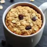 Oatmeal cookie in a mug - the image shows a white ceramic mug with a handle on the right side. inside the mug, there is a freshly baked oatmeal with raisins scattered on top. the oatmeal appears to be golden brown and has a crumbly texture. the mug is sitting on a black surface with scattered nuts around it. the background is blurred, but it seems to be a kitchen countertop.