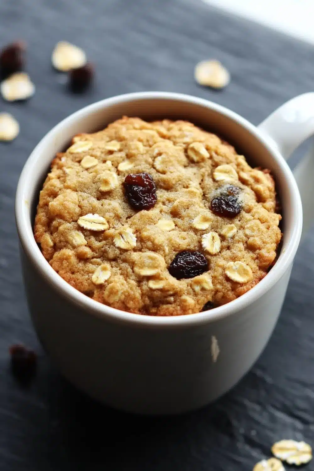 Oatmeal cookie in a mug - the image shows a white ceramic mug with a handle on the right side. inside the mug, there is a freshly baked oatmeal with raisins scattered on top. the oatmeal appears to be golden brown and has a crumbly texture. the mug is sitting on a black surface with scattered nuts around it. the background is blurred, but it seems to be a kitchen countertop.