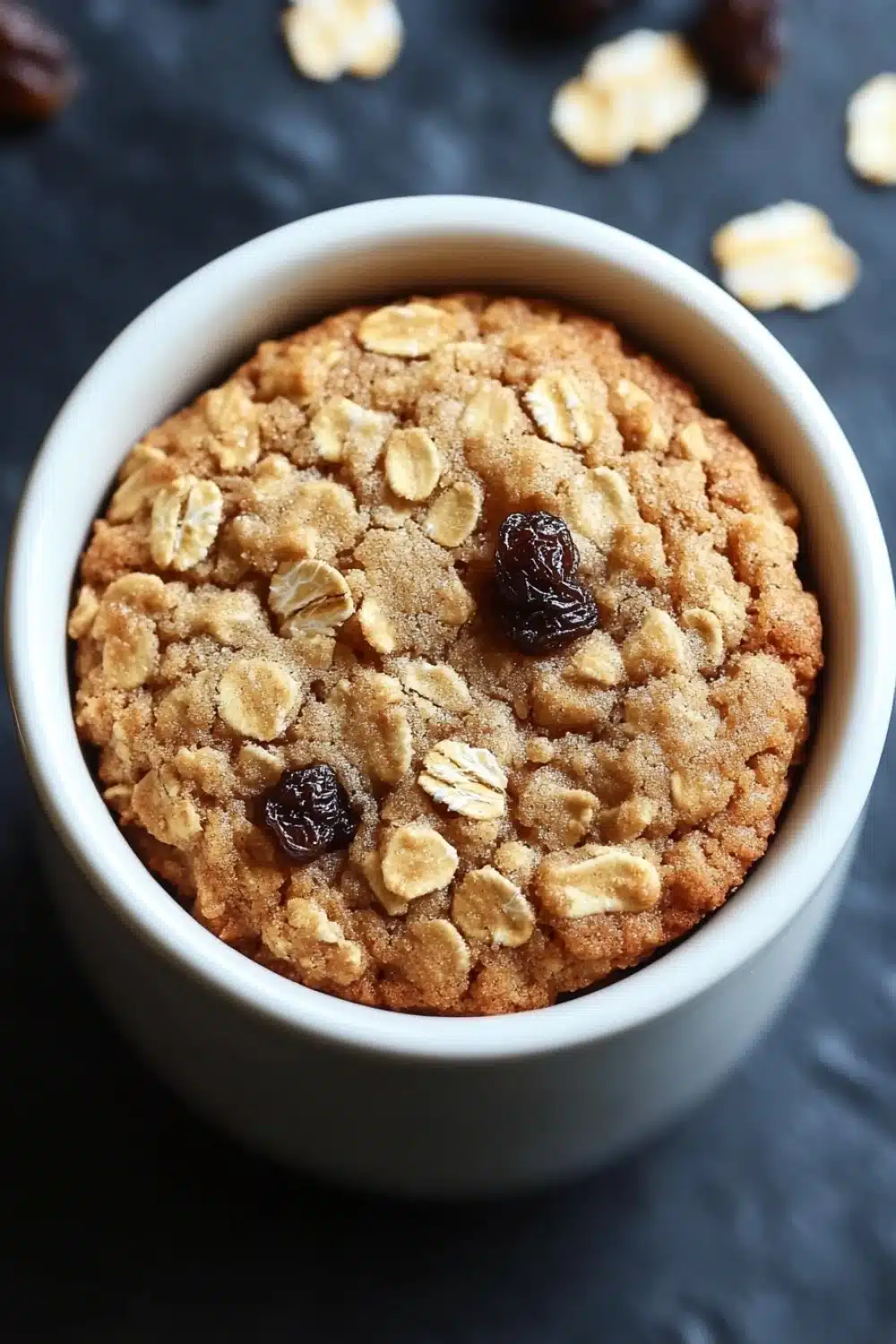 Oatmeal cookie in a mug - the image is a close-up of a round, golden-brown cookie in a white ceramic bowl. the cookie appears to be freshly baked and has a crumbly texture. it is topped with chopped nuts and raisins, giving it a crunchy appearance. the bowl is sitting on a dark, textured surface, and there are scattered nuts around it. the background is blurred, making the cookie the focal point of the image.
