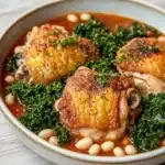 One pot braised chicken with kale and white beans - the image is a close-up of a dish in a white bowl. the dish appears to be a stew or stew with chunks of chicken and white beans. the chicken is cooked to a golden brown color and is garnished with chopped herbs. the white beans are scattered throughout the dish, and there are also some greens, possibly kale or kale, scattered around the dish. the bowl is sitting on a wooden table.