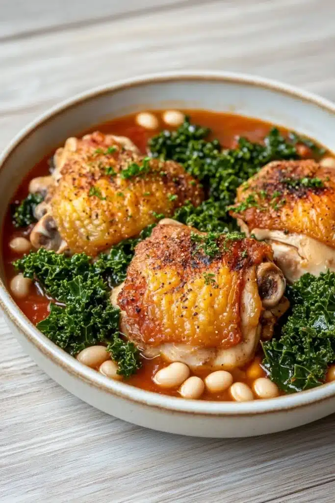 One pot braised chicken with kale and white beans - the image is a close-up of a dish in a white bowl. the dish appears to be a stew or stew with chunks of chicken and white beans. the chicken is cooked to a golden brown color and is garnished with chopped herbs. the white beans are scattered throughout the dish, and there are also some greens, possibly kale or kale, scattered around the dish. the bowl is sitting on a wooden table.