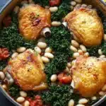 One pot braised chicken with kale and white beans - the image shows a close-up of a dish in a large blue pot. the dish appears to be a stew or stew with white beans, chunks of salmon, and kale. the salmon is golden brown and looks crispy on the outside. the kale is bright green and looks fresh and vibrant. the white beans are scattered throughout the dish, and there are small chunks of red bell peppers and mushrooms scattered throughout. the pot is sitting on a dark grey countertop, and a sprig of parsley is visible in the top right corner of the image.