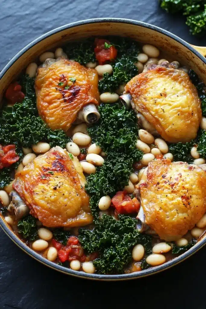 One pot braised chicken with kale and white beans - the image shows a close-up of a dish in a large blue pot. the dish appears to be a stew or stew with white beans, chunks of salmon, and kale. the salmon is golden brown and looks crispy on the outside. the kale is bright green and looks fresh and vibrant. the white beans are scattered throughout the dish, and there are small chunks of red bell peppers and mushrooms scattered throughout. the pot is sitting on a dark grey countertop, and a sprig of parsley is visible in the top right corner of the image.