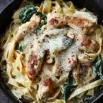 One pot chicken fettuccine - the image is a close-up of a bowl of pasta dish. the pasta appears to be fettuccine alfredo, with chunks of chicken and spinach mixed in. the dish is garnished with grated parmesan cheese and red chili flakes. the bowl is black and is sitting on a wooden table. the background is blurred, but it seems to be a rustic kitchen countertop.