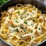One pot chicken fettuccine - the image shows a pan of fettuccine alfredo pasta with chicken and parmesan cheese. the pasta is cooked al dente and is topped with chunks of chicken and chopped parsley. the pan is black and has a handle on one side. the dish is sitting on a wooden table with a white cloth napkin and a sprig of parsley on the side. there is also a sprinkle of grated cheese on top of the pasta. the overall color scheme of the image is warm and inviting.