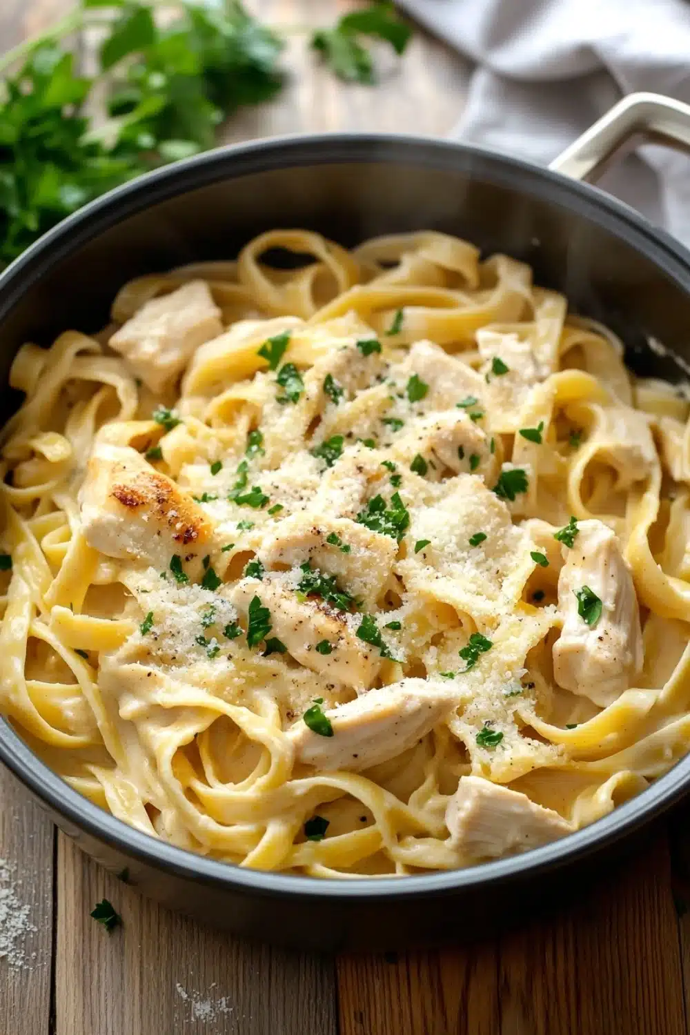 One pot chicken fettuccine - the image shows a pan of fettuccine alfredo pasta with chicken and parmesan cheese. the pasta is cooked al dente and is topped with chunks of chicken and chopped parsley. the pan is black and has a handle on one side. the dish is sitting on a wooden table with a white cloth napkin and a sprig of parsley on the side. there is also a sprinkle of grated cheese on top of the pasta. the overall color scheme of the image is warm and inviting.