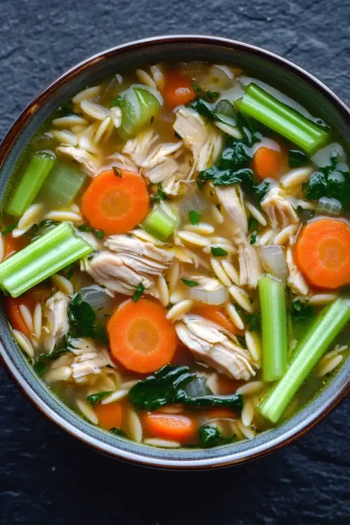 One pot chicken orzo soup - the image is a close-up of a bowl of soup. the soup appears to be a type of noodle soup with chunks of chicken, carrots, celery, and other vegetables mixed in. the broth is a light brown color and looks thick and creamy. the vegetables are bright orange and appear to be fresh and vibrant. the bowl is made of ceramic and is sitting on a dark grey countertop. the background is blurred, making the soup the focal point of the image.