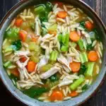 One pot chicken orzo soup - the image is a close-up of a bowl of soup on a wooden table. the soup appears to be a type of noodle soup with chunks of chicken, carrots, celery, and other vegetables mixed in. the bowl is made of ceramic and has a dark brown rim. the broth is a light yellow color and looks thick and creamy. the vegetables are bright orange and green, and they are scattered throughout the soup. the noodles are thin and fluffy, and the chicken is visible in the center of the bowl. the overall appearance of the soup is fresh and appetizing.
