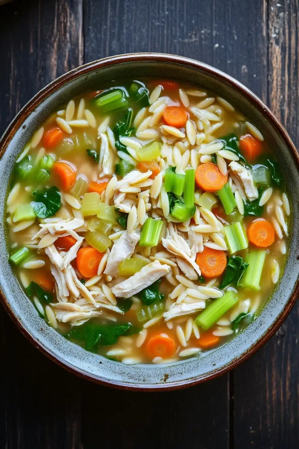 One pot chicken orzo soup - the image is a close-up of a bowl of soup on a wooden table. the soup appears to be a type of noodle soup with chunks of chicken, carrots, celery, and other vegetables mixed in. the bowl is made of ceramic and has a dark brown rim. the broth is a light yellow color and looks thick and creamy. the vegetables are bright orange and green, and they are scattered throughout the soup. the noodles are thin and fluffy, and the chicken is visible in the center of the bowl. the overall appearance of the soup is fresh and appetizing.