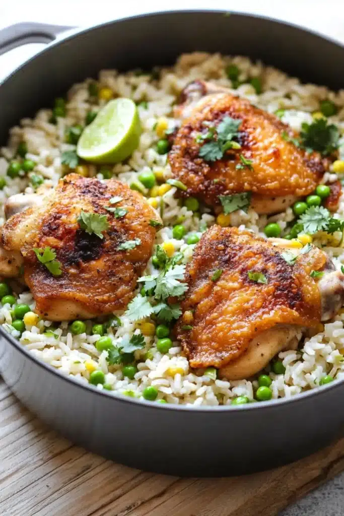 One pot cilantro lime chicken and rice - the image shows a large black skillet filled with a dish of rice and chicken. the rice is white and fluffy, and the chicken is cooked to a golden brown color. the dish is garnished with fresh cilantro and a lime wedge. the skillet is sitting on a wooden cutting board, and there is a white countertop in the background. the overall color scheme of the dish is warm and inviting.
