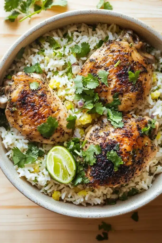 One pot cilantro lime chicken and rice - the image shows a bowl of rice with two pieces of grilled chicken on top. the chicken is golden brown and appears to be seasoned with herbs and spices. the rice is white and fluffy, and there are small pieces of corn scattered throughout the dish. a lime wedge is placed on top of the rice, adding a pop of green color to the dish and garnished with fresh cilantro. the bowl is sitting on a wooden cutting board.